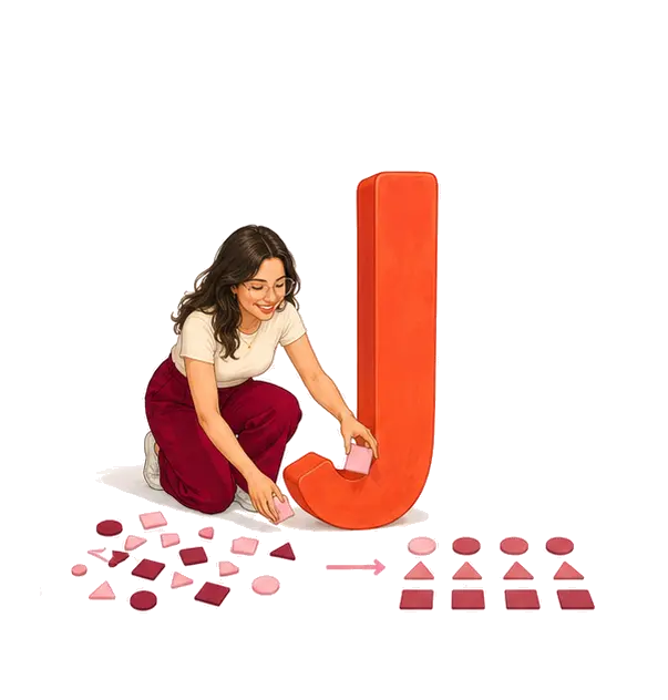 Elena Cadenas ordenando piezas junto a una letra J monumental