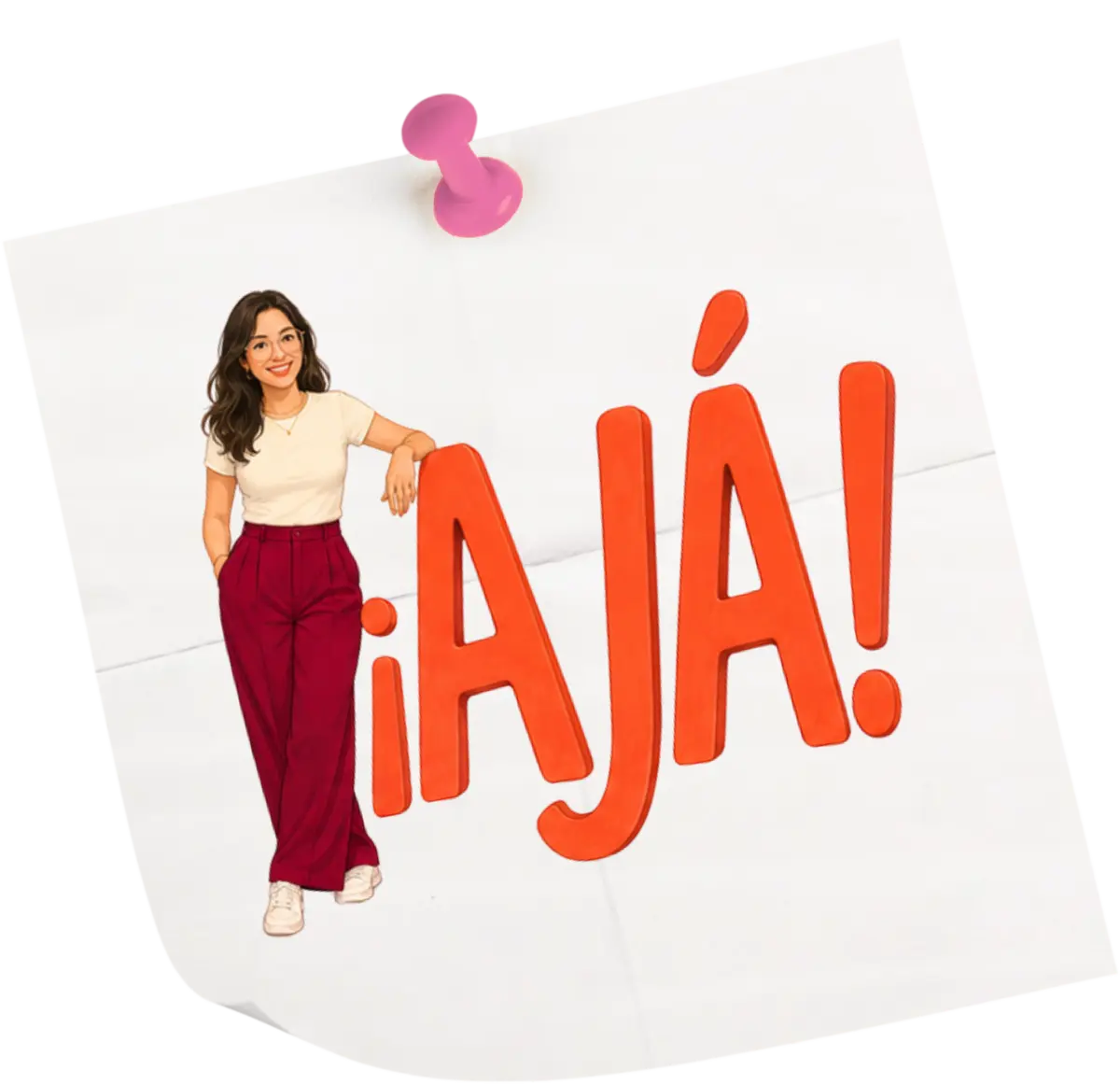 Elena junto al rótulo AJÁ