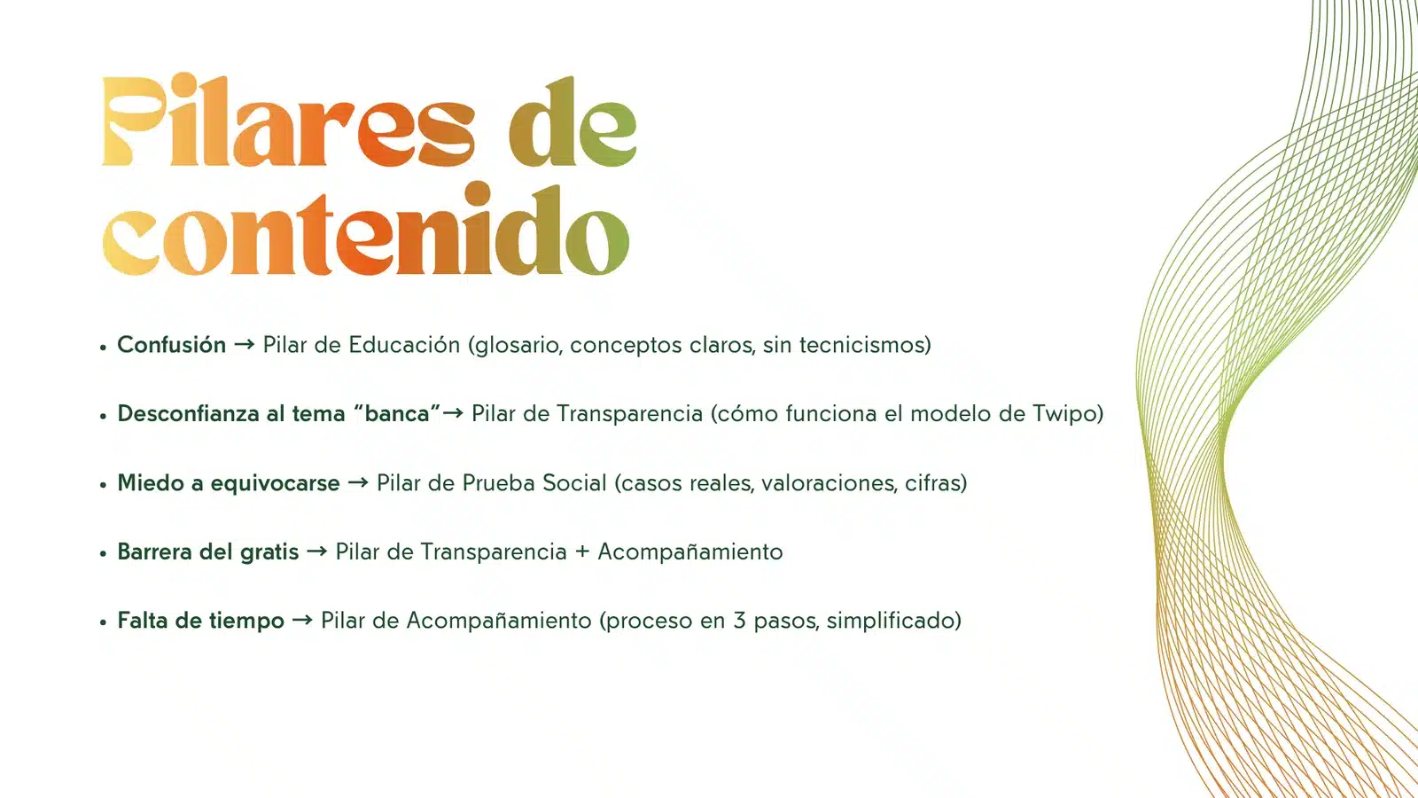 Relación entre problemas del público y pilares de contenido de Twipo